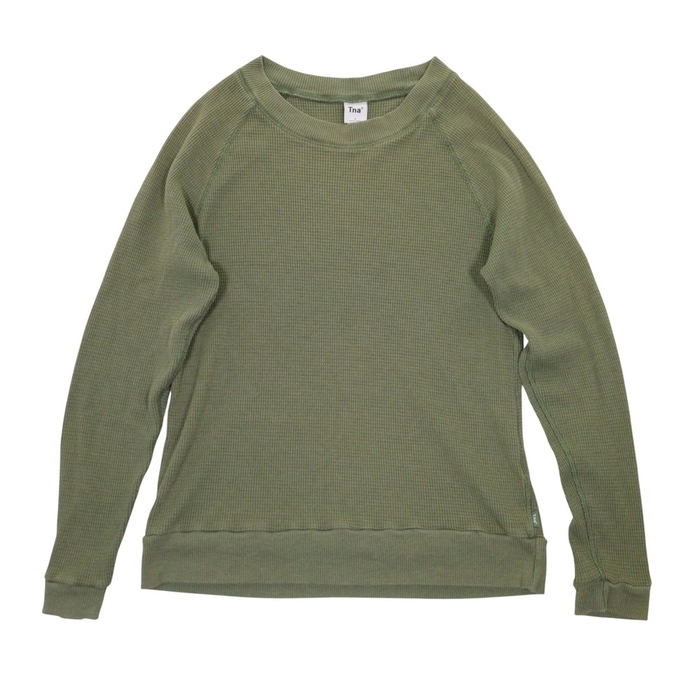 Tna Waffle Knit Top Women S Long Sleeve Crew Neck Raglan Olive Green Cotton